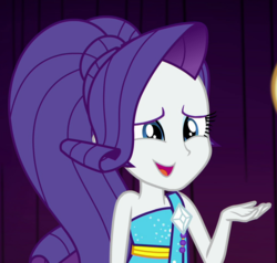 Size: 1012x963 | Tagged: safe, screencap, rarity, equestria girls, equestria girls series, g4, spring breakdown, spoiler:eqg series (season 2), <:), clothes, cropped, cruise concert outfit, dress, eyeshadow, makeup, open mouth, open smile, ponytail, sleeveless, sleeveless dress, smiling, tongue out