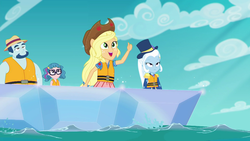 Size: 1920x1080 | Tagged: safe, screencap, applejack, technicolor waves, trixie, equestria girls, equestria girls specials, g4, my little pony equestria girls: better together, my little pony equestria girls: spring breakdown, background human, boat, lifejacket, ponied up, super ponied up, unnamed character, unnamed human