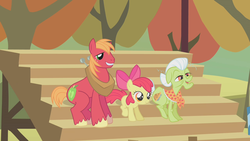 Size: 1280x720 | Tagged: safe, screencap, apple bloom, big macintosh, granny smith, earth pony, pony, fall weather friends, g4, bleachers, female, filly, foal, grandmother and grandchild, male, mare, stallion, trio