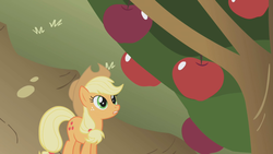 Size: 1280x720 | Tagged: safe, screencap, applejack, earth pony, pony, applebuck season, g4, season 1, apple, apple tree, female, food, mare, solo, tree