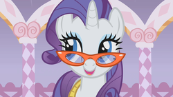 Size: 1280x720 | Tagged: safe, screencap, rarity, pony, unicorn, g4, suited for success, aside glance, female, glasses, mare, measuring tape, solo