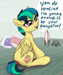 Size: 3800x4500 | Tagged: safe, artist:littlenaughtypony, oc, oc only, oc:apogee, pegasus, pony, book, chest fluff, cute, dialogue, female, freckles, happy, looking at you, looking back, looking back at you, mare, ocbetes, open mouth, playcolt, rocket, sitting, smiling, solo, tail wrap, toy