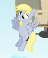 Size: 165x200 | Tagged: safe, screencap, derpy hooves, pegasus, pony, feeling pinkie keen, g4, background pony, cropped, female, flying, hooves behind back, mare, sheepish grin, skywagon, solo