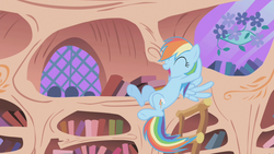 Size: 1280x720 | Tagged: safe, screencap, rainbow dash, pegasus, pony, g4, the ticket master, ^^, bookshelf, eyes closed, female, flying, golden oaks library, ladder, mare, open mouth, smiling, solo, wings