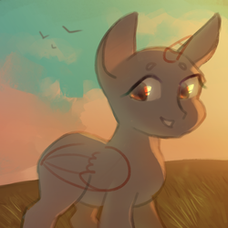 Size: 2000x2000 | Tagged: safe, artist:klooda, pony, advertisement, auction, cloud, commission, grass, happy, high res, sky, smiling, solo, sunset, your character here