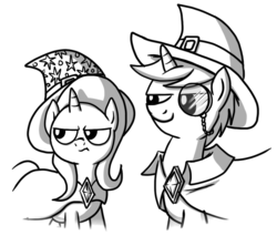 Size: 930x793 | Tagged: safe, artist:fimflamfilosophy, oc, oc only, pony, unicorn, buck legacy, annoyed, black and white, buckle, card art, cloak, clothes, fantasy class, female, grayscale, hat, jewelry, male, mare, monochrome, monocle, not trixie, simple background, stallion, transparent background, wizard, wizard hat
