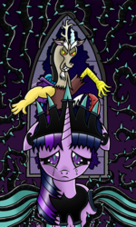 Size: 2093x3496 | Tagged: safe, artist:heartshielder1991, discord, twilight sparkle, oc, oc:plunderseed queen, alicorn, pony, g4, black vine, corrupted, corrupted twilight sparkle, crying, floppy ears, high res, slit pupils, twilight sparkle (alicorn)