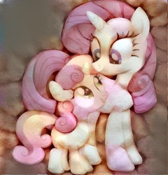 Size: 501x522 | Tagged: safe, ai assisted, ai content, artist:jennieoo, edit, rarity, sweetie belle, pony, unicorn, g4, cute, diasweetes, dreamscope edit, duo, female, filly, food, mare, marshmallow, pun, raribetes, rarity is a marshmallow, sisters, sweetie belle is a marshmallow too, visual pun