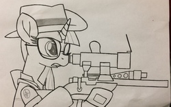 Size: 3180x1980 | Tagged: safe, artist:ejlightning007arts, twilight sparkle, g4, crossover, gun, hat, open mouth, rifle, sniper, sniper (tf2), sniper rifle, sunglasses, team fortress 2, traditional art, twilight sniper, weapon
