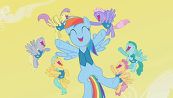 Size: 1280x720 | Tagged: safe, screencap, derpy hooves, rainbow dash, rainbowshine, spring melody, sprinkle medley, sunshower raindrops, pegasus, pony, g4, winter wrap up, background pony, clothes, cute, dashabetes, female, flying, mare, open mouth, singing, weather team, winter wrap up song, winter wrap up vest