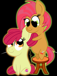 Size: 1080x1433 | Tagged: safe, artist:puperhamster, apple bloom, babs seed, earth pony, pony, g4, adorababs, adorabloom, black background, chibi, cousins, cute, cutie mark, female, filly, simple background, smiling, the cmc's cutie marks