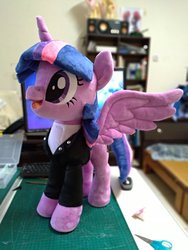 Size: 1536x2048 | Tagged: safe, artist:nekokevin, twilight sparkle, alicorn, pony, g4, clothes, computer, female, irl, jacket, laptop computer, mare, open mouth, photo, plushie, scissors, smiling, solo, spread wings, twilight sparkle (alicorn), wings