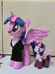 Size: 1536x2048 | Tagged: safe, artist:nekokevin, twilight sparkle, alicorn, pony, g4, 4de, clothes, duality, female, irl, jacket, mare, open mouth, photo, plushie, size difference, smiling, socks, spread wings, starlight's little twibird, striped socks, twilight sparkle (alicorn), wings