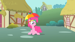 Size: 1280x720 | Tagged: safe, screencap, pinkie pie, earth pony, pony, feeling pinkie keen, g4, female, hat, mare, solo, umbrella hat