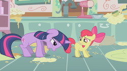 Size: 1280x720 | Tagged: safe, screencap, apple bloom, twilight sparkle, earth pony, pony, unicorn, call of the cutie, g4, season 1, female, filly, foal, kitchen, mare, mess, out of context, sweat, tired, unicorn twilight