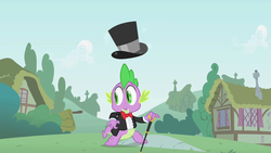 Size: 1280x720 | Tagged: safe, screencap, spike, dragon, feeling pinkie keen, g4, baby dragon, bowtie, cane, clothes, hat, male, ruffled shirt, solo, suit, surprised, tailcoat, top hat, tuxedo