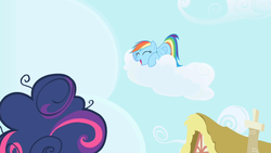 Size: 1280x720 | Tagged: safe, screencap, rainbow dash, twilight sparkle, pegasus, pony, friendship is magic, g4, alternate hairstyle, cloud, eyes closed, female, laughing, lying on a cloud, mare, solo focus, twilight poofle