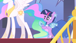 Size: 1280x720 | Tagged: safe, screencap, princess celestia, twilight sparkle, alicorn, pony, unicorn, g4, the best night ever, canterlot, canterlot castle, clothes, dress, duo, ethereal mane, female, gala dress, grimace, gritted teeth, head out of frame, hoof shoes, jewelry, mare, pain, smiling, stairs, swollen, unicorn twilight