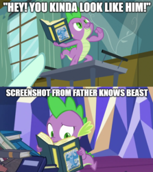 Size: 663x744 | Tagged: safe, burnferno, peach fuzz, spike, dragon, pony, a flurry of emotions, father knows beast, g4, book, cart, foreshadowing, hospital, older, older spike, reading