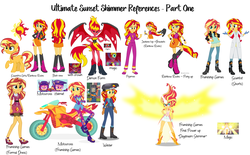 Size: 8700x5400 | Tagged: safe, artist:wubcakeva, sunset shimmer, demon, equestria girls, equestria girls (movie), friendship games, rainbow rocks, the science of magic, clothes, daydream shimmer, dress, helmet, lab coat, magic, motocross outfit, motorcross, motorcycle, pajamas, ponied up, reference sheet, sunset satan, sunset the science gal, sunset welder
