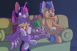 Size: 1500x1000 | Tagged: safe, artist:glitterstar2000, flash sentry, spike, twilight sparkle, alicorn, dragon, pegasus, pony, g4, couch, female, food, male, movie, popcorn, ship:flashlight, shipping, straight, twilight sparkle (alicorn), winged spike, wings