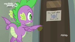 Size: 1920x1080 | Tagged: safe, screencap, spike, dragon, g4, the point of no return, flying, male, sign, solo, winged spike, wings, written equestrian