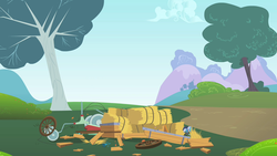 Size: 1280x720 | Tagged: safe, screencap, feeling pinkie keen, g4, hay bale, no pony, tree, wheel, wreckage