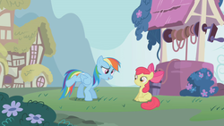 Size: 1280x720 | Tagged: safe, screencap, apple bloom, rainbow dash, earth pony, pegasus, pony, call of the cutie, g4, duo, female, filly, foal, mare, raised leg, sitting, well