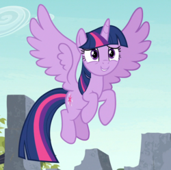 Size: 877x869 | Tagged: safe, screencap, twilight sparkle, alicorn, pony, g4, uprooted, cropped, female, flying, mare, smiling, solo, spread wings, twilight sparkle (alicorn), wings