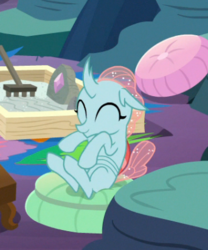 Size: 342x411 | Tagged: safe, screencap, ocellus, changedling, changeling, g4, uprooted, cropped, cushion, cute, diaocelles, eyes closed, female, landing, pillow, sitting, smiling, solo