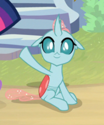 Size: 318x383 | Tagged: safe, screencap, ocellus, changedling, changeling, g4, uprooted, cropped, cute, diaocelles, female, looking at you, offscreen character, raised hoof, sitting, smiling, solo
