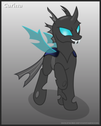 Size: 839x1046 | Tagged: safe, artist:dolenore, oc, oc only, oc:carina, changeling, fanfic:crystals & chitin, changeling oc, female, gradient background, raised hoof, solo