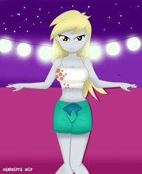Size: 2705x3326 | Tagged: safe, artist:danielitamlp, derpy hooves, equestria girls, equestria girls specials, g4, my little pony equestria girls: better together, my little pony equestria girls: spring breakdown, belly button, breasts, busty derpy hooves, clothes, female, high res, looking at you, midriff, smiling, solo, swimming trunks, swimsuit