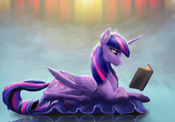 Size: 1000x694 | Tagged: safe, artist:akurion, twilight sparkle, alicorn, pony, fanfic:the archetypist, g4, book, cushion, fanfic, fanfic art, female, folded wings, horn, lying down, mare, prone, purple eyes, reading, realistic horse legs, solo, twilight sparkle (alicorn), unshorn fetlocks, wings
