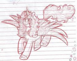 Size: 960x764 | Tagged: safe, artist:69beas, oc, oc only, oc:jessie feuer, alicorn, pony, alicorn oc, clothes, collar, fangs, female, graph paper, jewelry, lined paper, looking up, mare, monochrome, open mouth, regalia, shoes, smiling, solo, spread wings, traditional art, wings