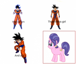 Size: 853x720 | Tagged: safe, artist:evilangeljs, artist:funimation2002, cookie crumbles, pony, unicorn, g4, claire corlett, dokkan battle, dragon ball, dragon ball z, family voice, family voice joke, ian james corlett, implied sweetie belle, interspecies, joke, meme, son goku, tabitha st. germain