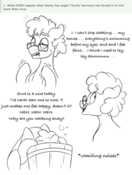 Size: 768x1024 | Tagged: safe, artist:pastel-charms, oc, oc only, oc:rock candy, earth pony, pony, bucket, glasses, lineart, male, monochrome, offspring, parent:cheese sandwich, parent:pinkie pie, parents:cheesepie, solo, stallion, sugar rush, vomit, vomiting