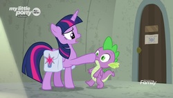 Size: 1920x1080 | Tagged: safe, screencap, spike, twilight sparkle, alicorn, dragon, pony, g4, the point of no return, boop, door, saddle bag, sign, twilight sparkle (alicorn), winged spike, wings, written equestrian