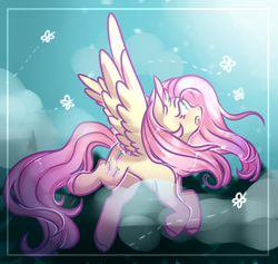 Size: 792x750 | Tagged: safe, artist:oranjicake, fluttershy, butterfly, pegasus, pony, g4, blushing, cute, female, open mouth, profile, shyabetes, solo, spread wings, wings