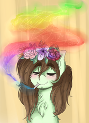 Size: 1600x2200 | Tagged: safe, artist:tokyone-chan, oc, oc only, pony, bust, chest fluff, cigarette, drugs, flower, flower in hair, male, smoking, solo, stallion