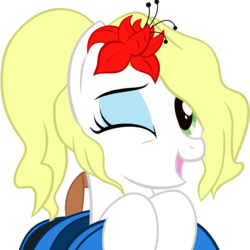 Size: 645x645 | Tagged: safe, artist:trash anon, oc, oc only, oc:epithumia, pony, derpibooru, .svg available, backpack, derpibooru badge, flower, flower in hair, happy, meta, one eye closed, simple background, smiling, svg, transparent background, vector, wink