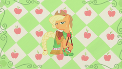 Size: 1280x720 | Tagged: safe, screencap, applejack, earth pony, pony, g4, suited for success, abstract background, boots, braided tail, checkered background, clothes, cowboy hat, crossed hooves, dress, female, freckles, gala dress, hat, lidded eyes, looking at you, mare, outfit catalog, saddle, shoes, solo, stetson, tack