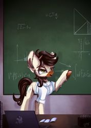 Size: 2000x2808 | Tagged: safe, artist:hagalazka, oc, oc only, oc:calpain, earth pony, pony, chalkboard, clothes, computer, equation, high res, lab coat, laptop computer, male, solo, teaching