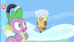 Size: 1280x720 | Tagged: safe, screencap, owlowiscious, spike, bird, dragon, owl, g4, owl's well that ends well, baby dragon, bathtub, duo, hat, male, shower, shower cap