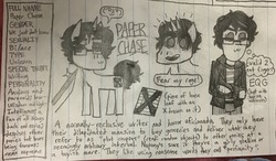 Size: 2494x1455 | Tagged: safe, artist:owonator, oc, oc only, oc:paper chase, equestria girls, g4, ambiguous gender, equestria girls-ified, horn, monochrome, multiple horns, ponified animal photo, reference sheet, traditional art