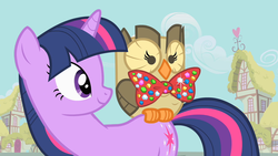 Size: 1280x720 | Tagged: safe, screencap, owlowiscious, twilight sparkle, bird, owl, pony, unicorn, g4, owl's well that ends well, bowtie, duo, female, mare, perching, riding, smiling, unicorn twilight