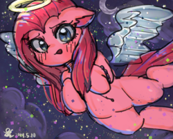Size: 3000x2400 | Tagged: safe, artist:yunyeyoung, pinkie pie, earth pony, pony, g4, angelic wings, blushing, cloud, cute, cuteamena, diapinkes, ear fluff, female, floppy ears, flying, halo, high res, night, pinkamena diane pie, sky, solo, stars, wings
