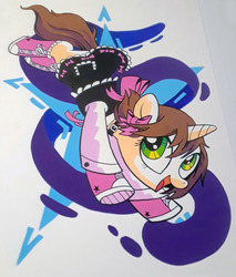 Size: 1280x1503 | Tagged: safe, artist:kate sherron, oc, oc only, oc:ryleigh, pony, unicorn, bow, clothes, collar, commission, converse, cutie mark background, dress, female, mare, shoes, sneakers, solo, traditional art