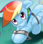 Size: 150x152 | Tagged: safe, artist:minty-red, rainbow dash, pony, g4, bound wings, chains, cuffs, nervous, prisoner rd, shackles, wings