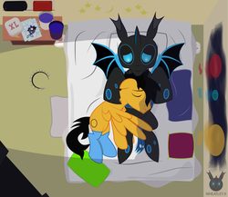 Size: 1466x1275 | Tagged: safe, artist:wheatley r.h., derpibooru exclusive, oc, oc only, oc:rito, oc:w. rhinestone eyes, changeling, pegasus, pony, bat wings, bed, bedroom, bedroom eyes, blue changeling, changeling oc, clothes, collar, eyes closed, glass, glass of water, hair, hair over one eye, horn, hug, lying on bed, messy tail, neck fluff, nintendo ds, paint, paper, pegasus oc, pegasus wings, pillow, playstation portable, scissors, single panel, sleeping, smiling, socks, spiked collar, spread wings, table, tail, vector, watermark, winghug, wings